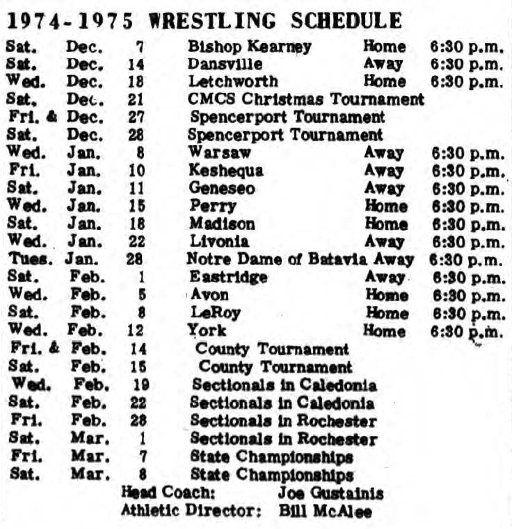 1974-1975 Caledonia Red Raiders Wrestling Schedule