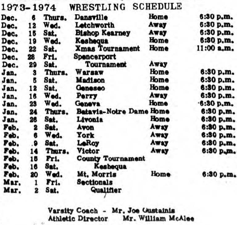 1973-1974 Caledonia-Mumford Red Raiders Wrestling Schedule