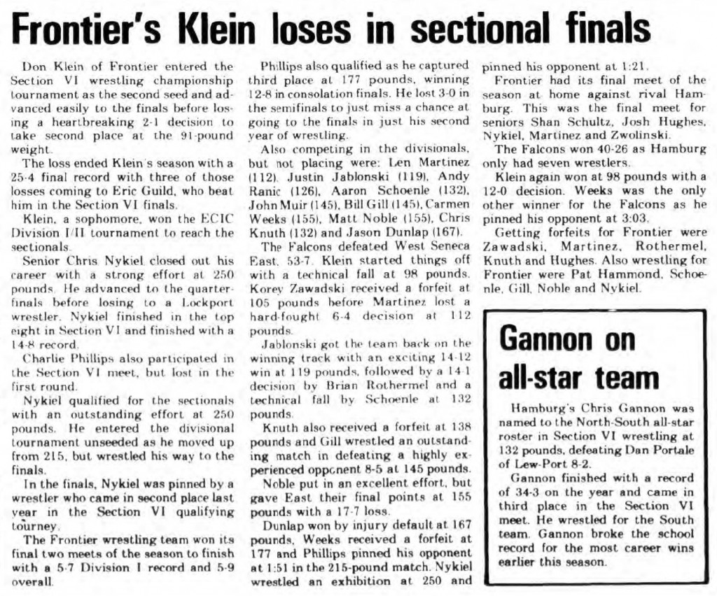 Frontier\'s Klein loses in sectional finals