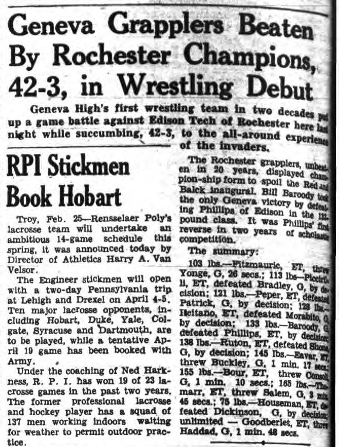 Geneva Grapplers Beaten by Rochester Champions, 42-3, in Wrestling Debut