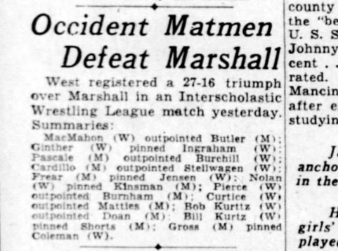 Occident Matmen Defeat Marshall