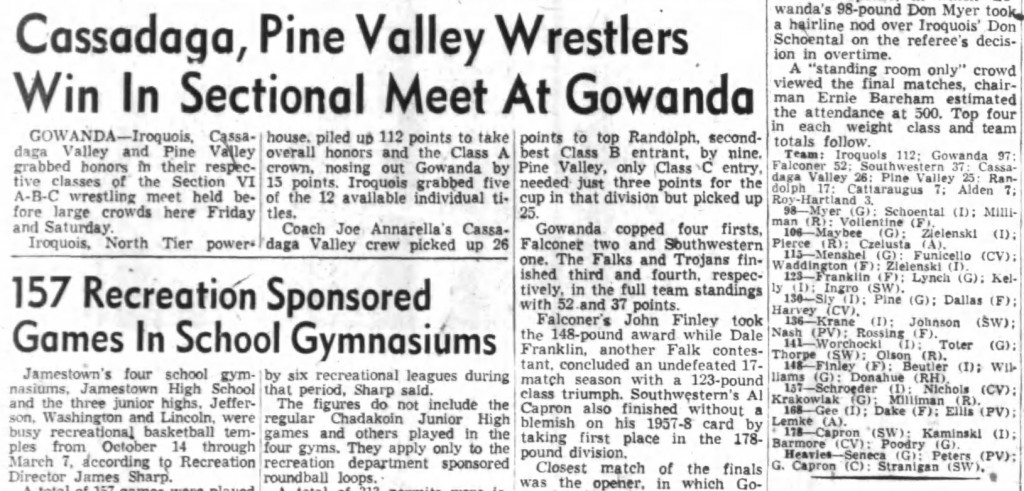 Cassadaga, Pine Valley Wrestlers Win in Sectional Meet at Gowanda