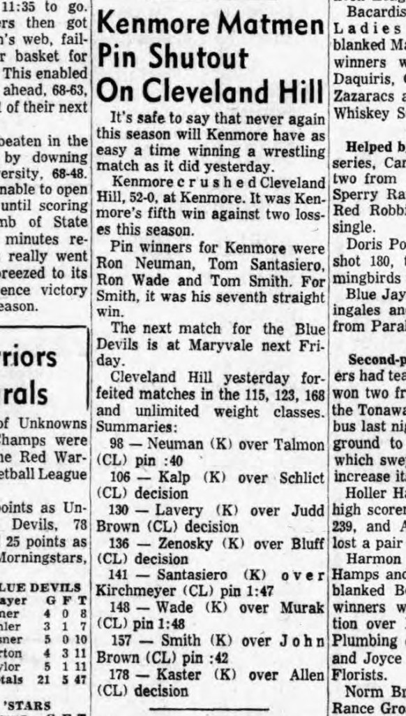 Kenmore Matmen Pin Shutout On Cleveland Hill