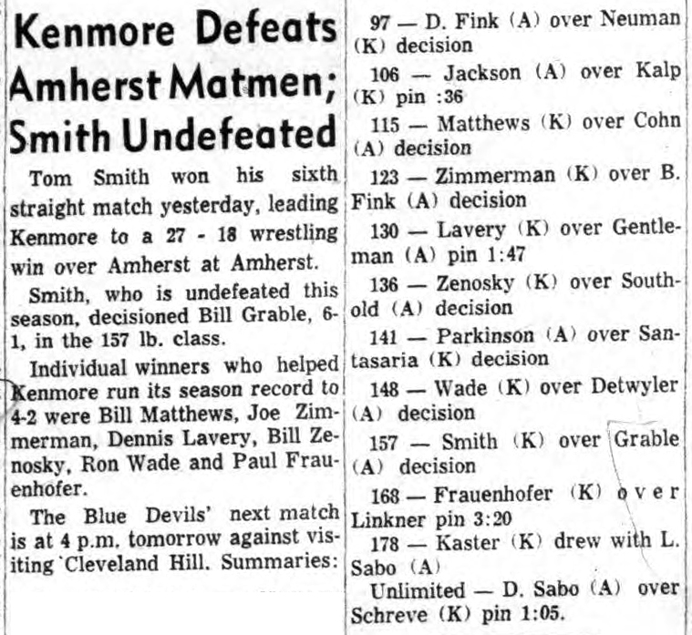 Kenmore Defeats Amherst Matmen; Smith Undefeated