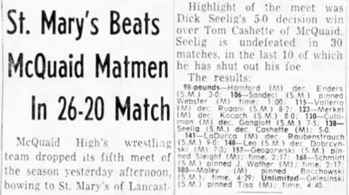 St. Mary\'s Beats McQuaid Matmen In 26-20 Match