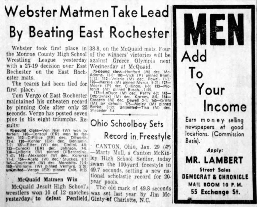 Webster Matmen Take Lead By Beating East Rochester