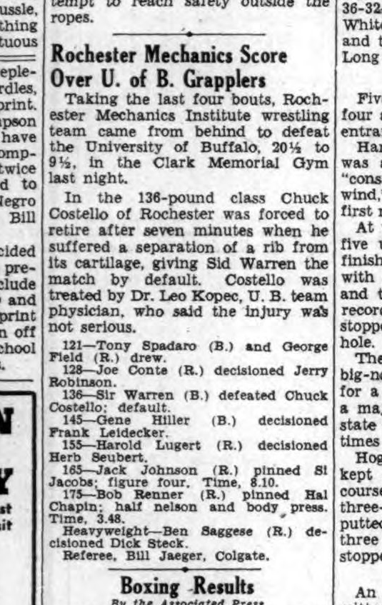 Rochester Mechanics Score Over U. of B. Wrestlers