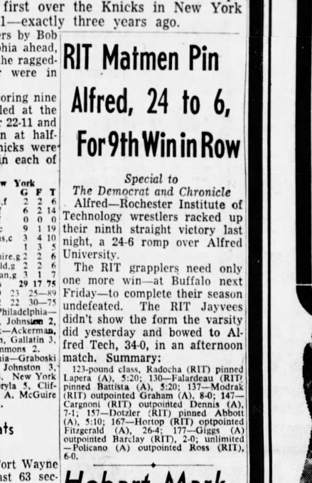 RIT Matmen Pin Alfred, 24 to 6, For 9th Win In Row