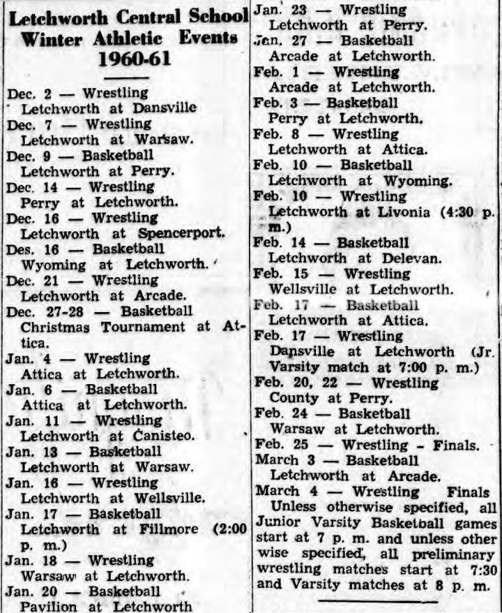 1960-1961 Letchworth Winter Athletic Events