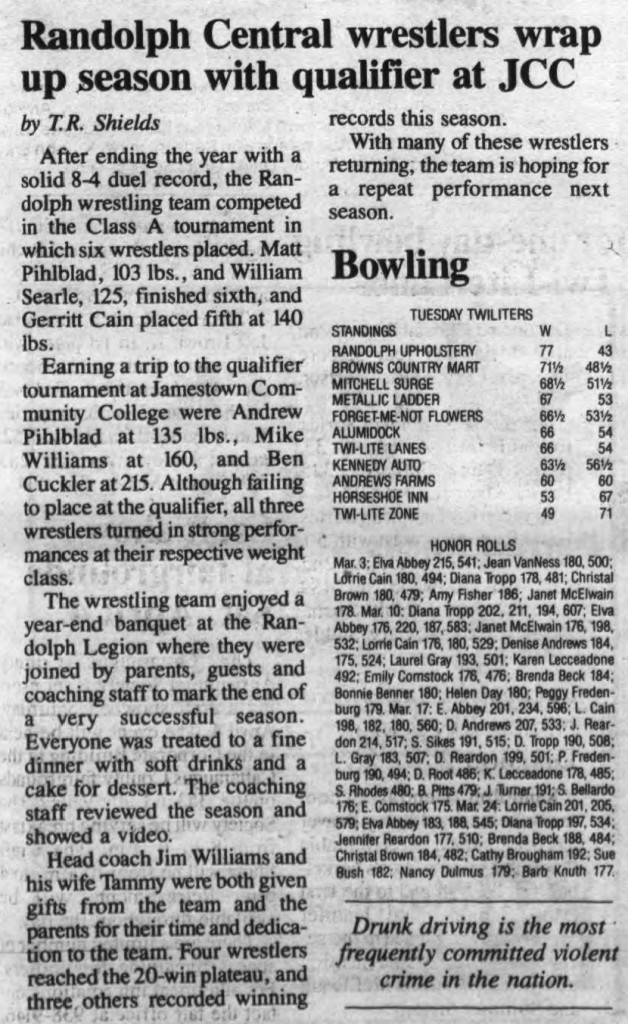 Randolph wrestlers wrap up season with qualifier at JCC