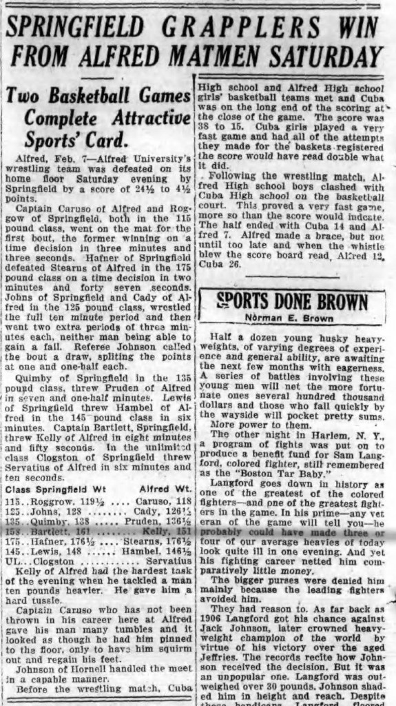 Springfield Grapplers Win From Alfred Matmen Saturday