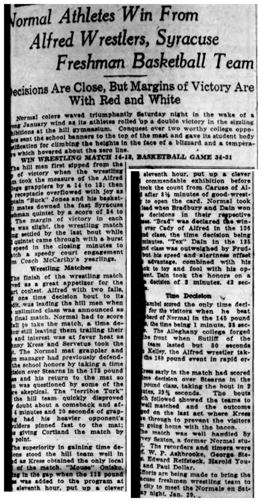 Normal Athletes Win From Alfred Wrestlers, Syracuse Freshman Basketball Team