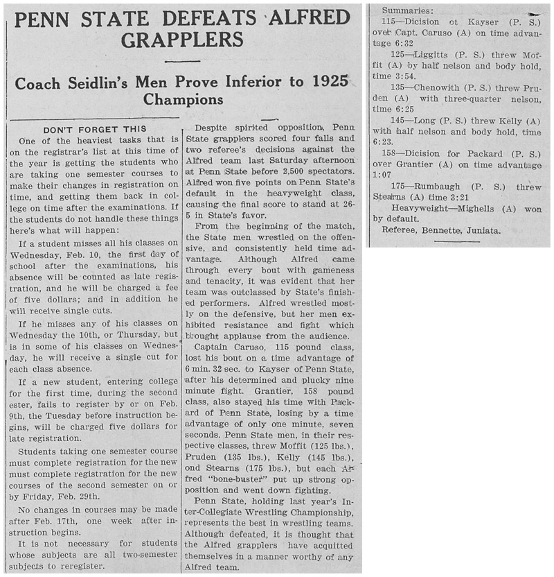 Penn State Defeats Alfred Grapplers; Coach Seidlin's Men Prove Inferior to 1925 Champions