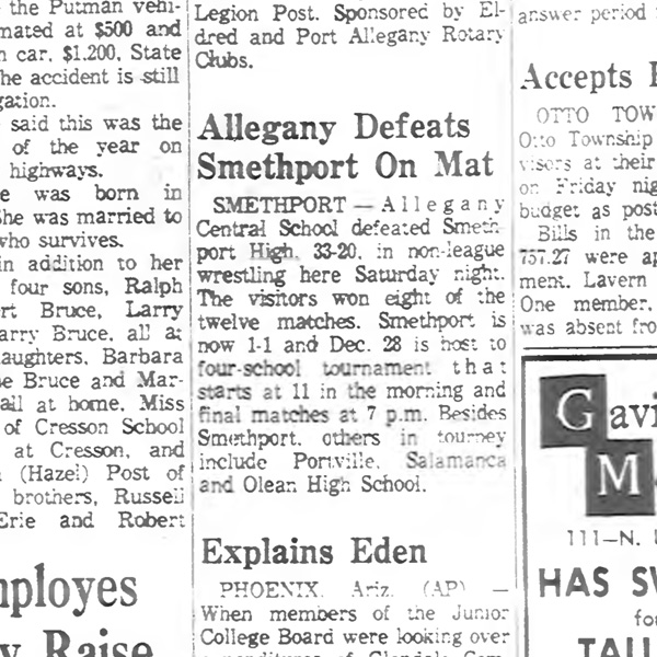 Allegany Defeats Smethport On Mat