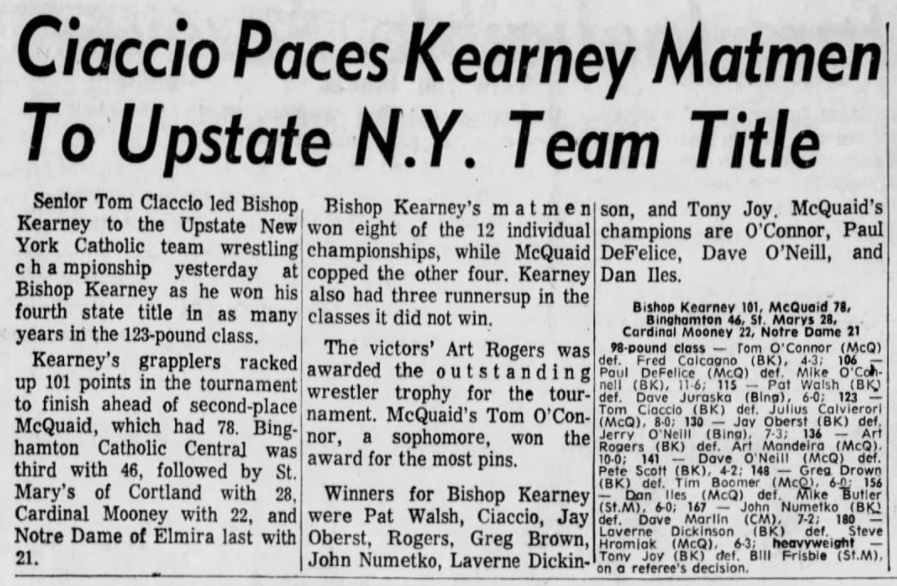 Ciaccio Paces Kearney Matmen To Upstate N.Y. Team Title