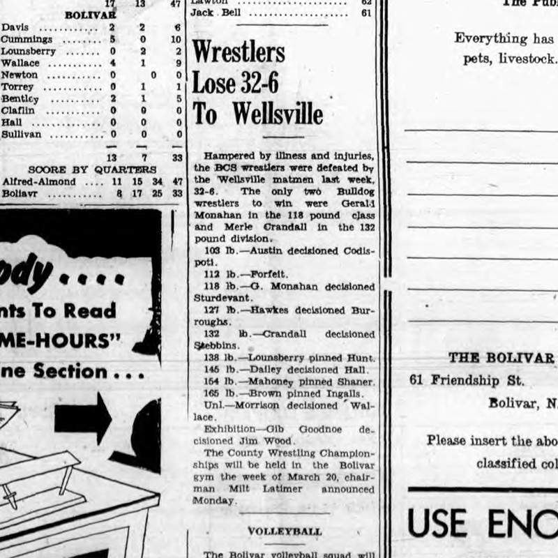 Wrestlers Lose 32-6 To Wellsville