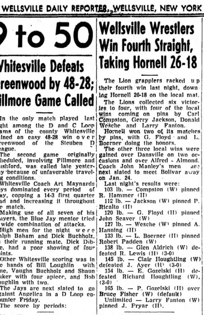 Wellsville Wrestlers Win Four Straight Taking Hornell 26-18