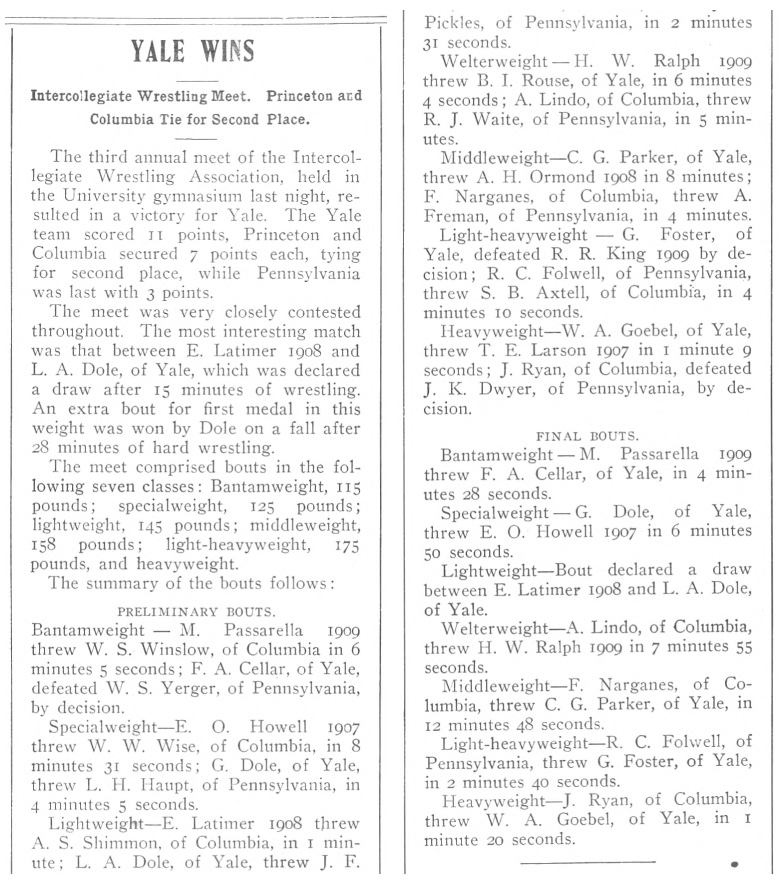 Yale Wins Intercollegiate Wrestling Meet