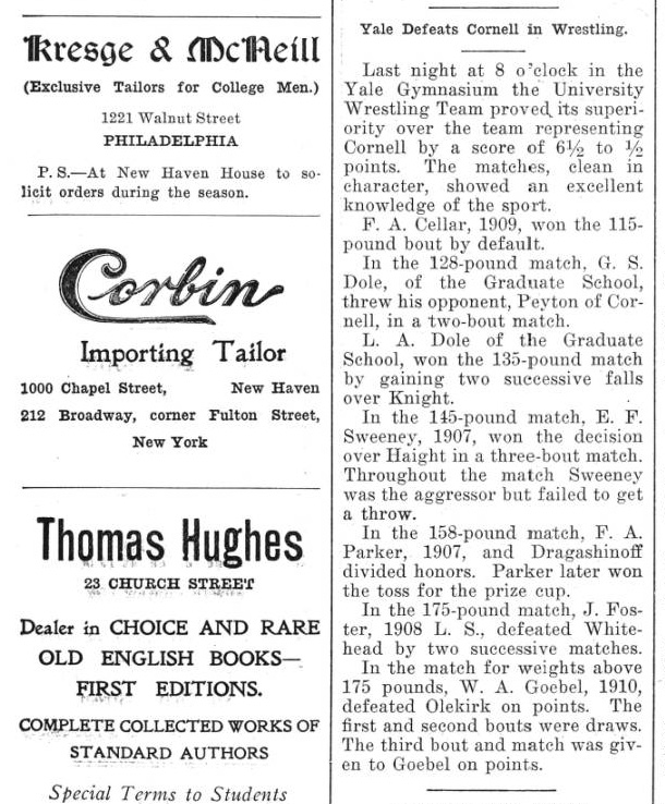 Yale Defeats Cornell in Wrestling