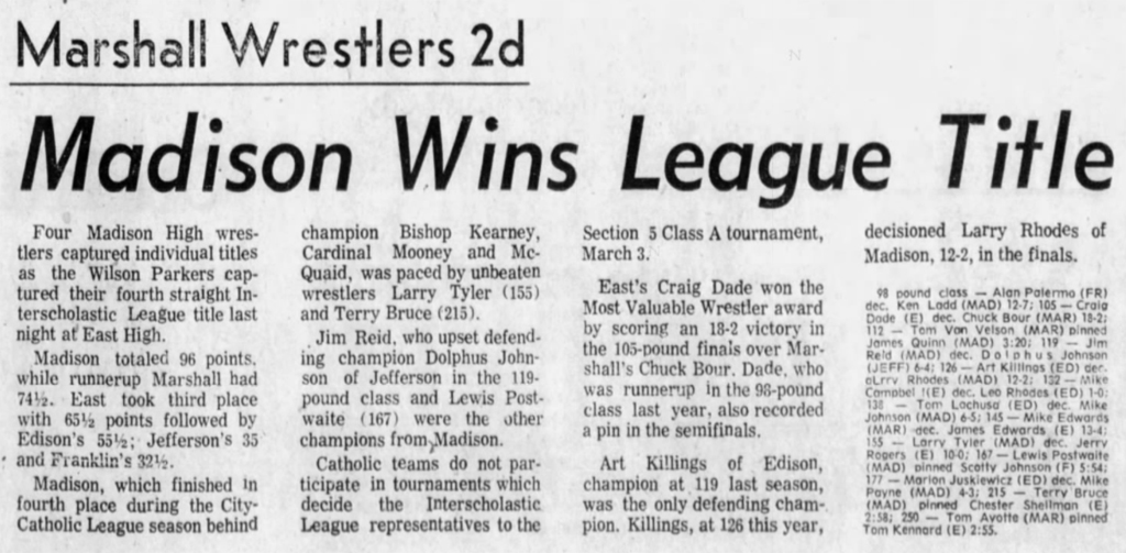 Madsion Wins League Title; Marshall Wrestlers 2nd