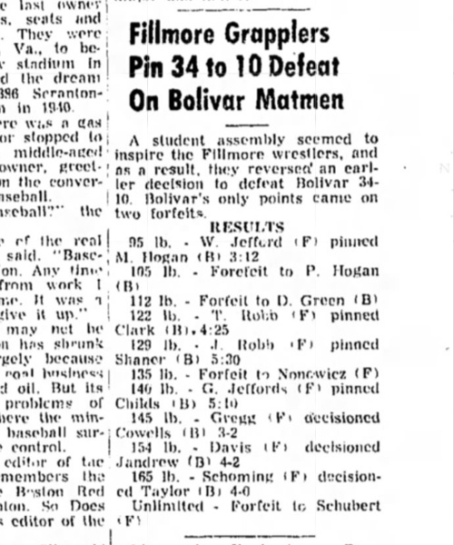 Fillmore Grapplers Pin 34 to 10 Defeat on Bolivar Matmen