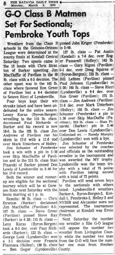 G-O Class B Matmen Set For Sectionals; Pembroke Youth Tops