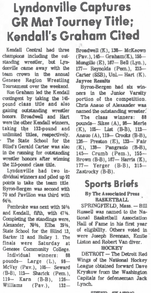 Lyndonville Captures GR Mat Tourney Title; Kendalls Graham Cited