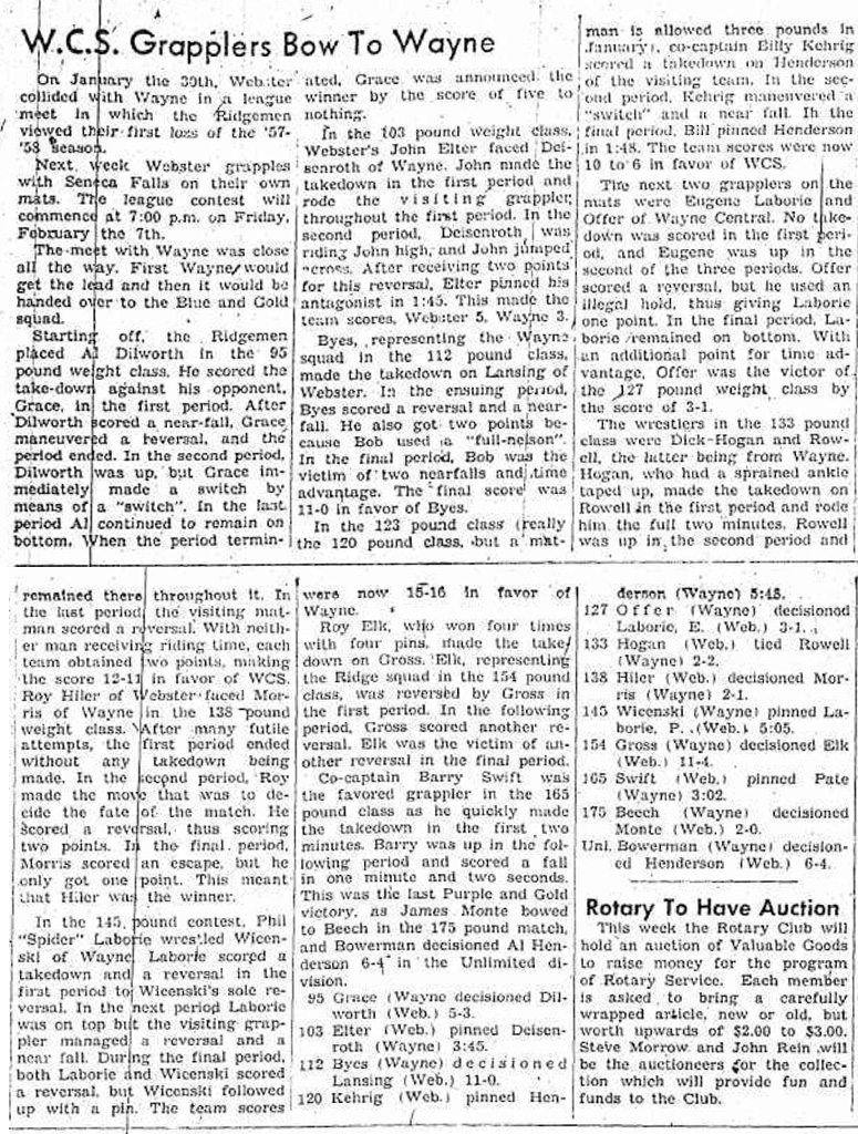 Webster Grapplers Bow To Wayne