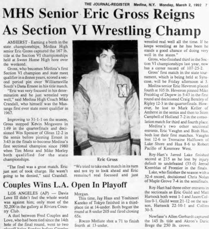 Medina Senior Eric Gross Reigns as Section VI Wrestling Champ