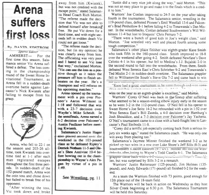 Arena suffers first loss