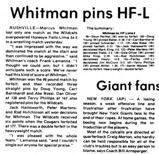 Whitman pins Honeoye