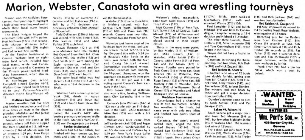 Marion, Webster, Canastota win area wrestling tourneys