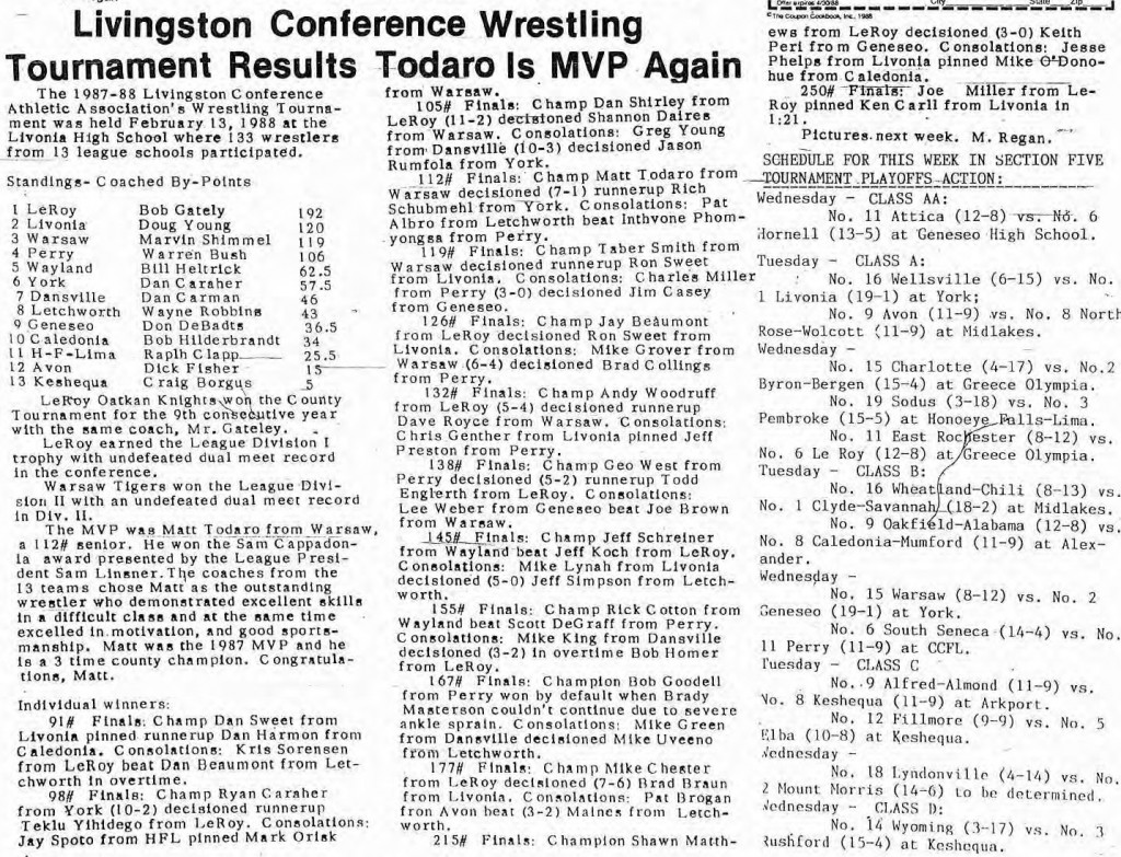 Livingston Conference Wrestling Tournament Results; Todaro is MVP Again
