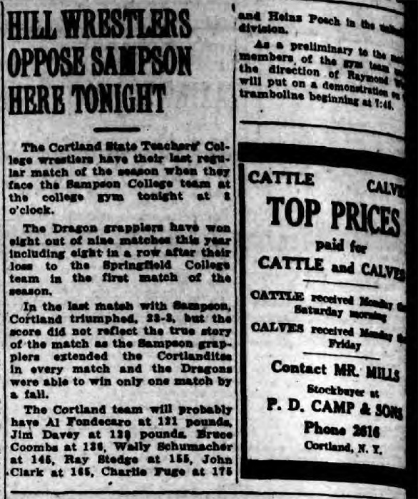 Hill Wrestlers Oppose Sampson Here Tonight