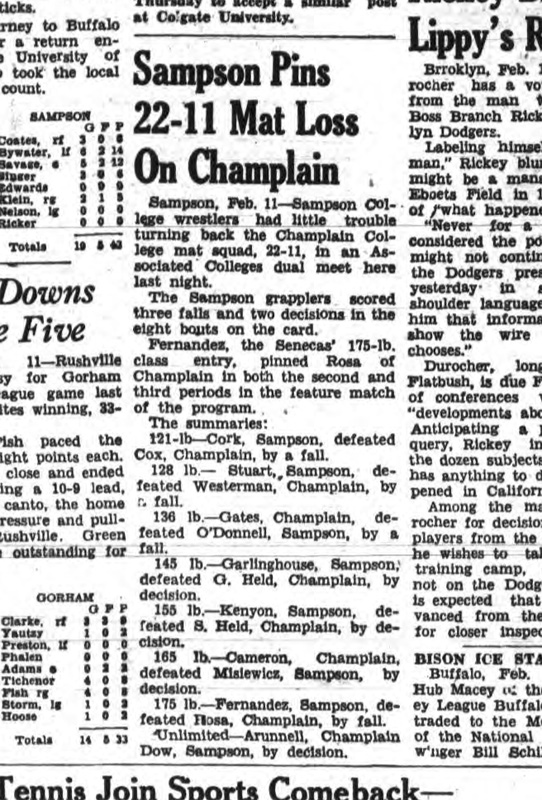 Sampson Pins 22-11 Mat Loss on Champlain