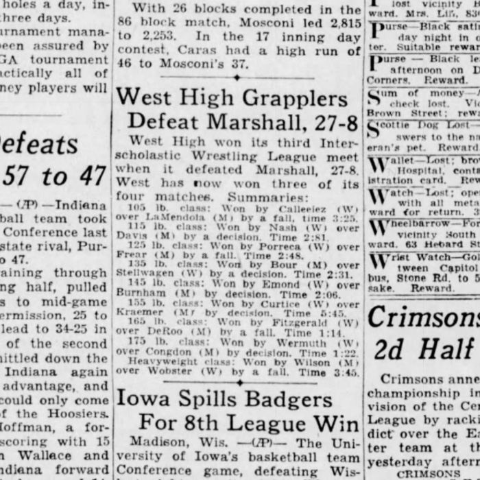 West High Grapplers Defeat Marshall, 27-8