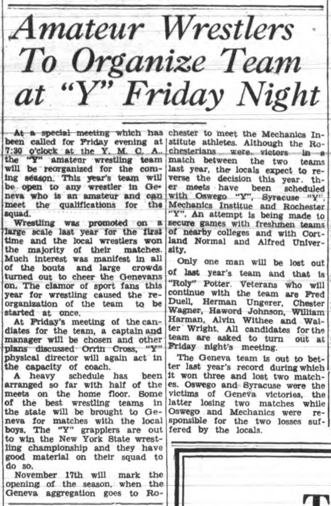 Amateur Wrestlers To Organize Team at "Y" Friday Night