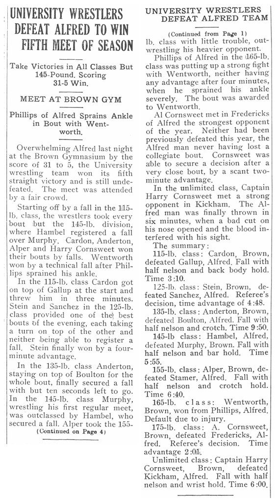 University Wrestlers Defeat Alfred to Win Fifth Meet of Season