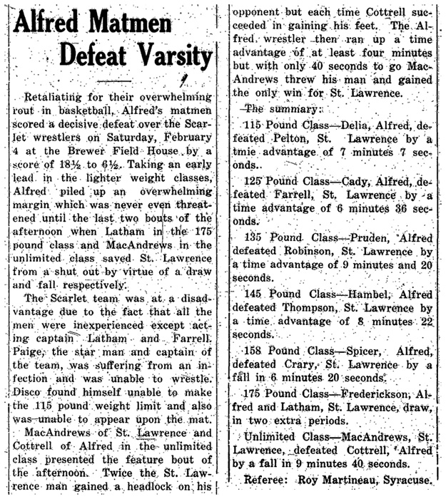 Alfred Matmen Defeat Varsity