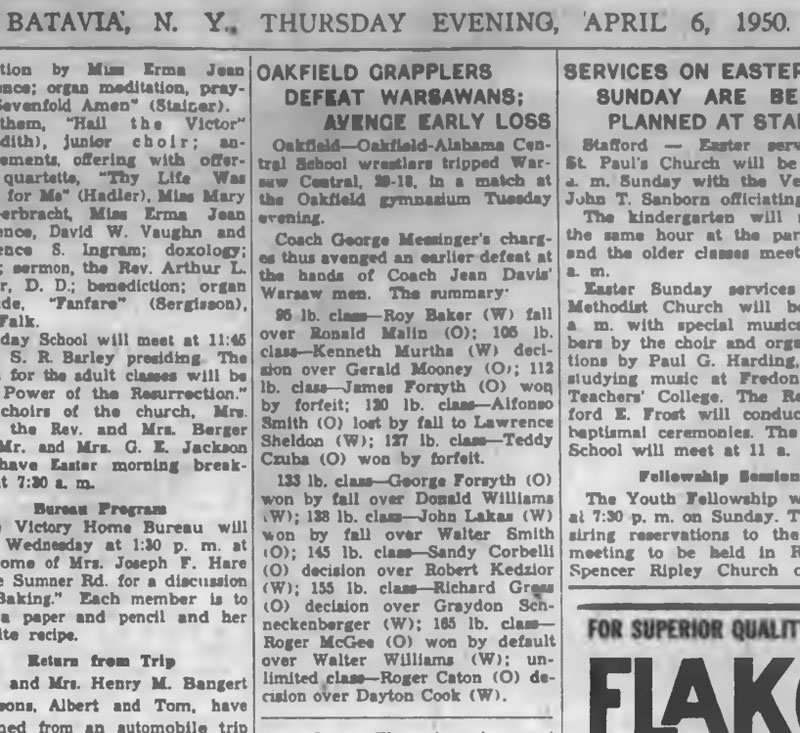 Oakfield Grapplers Defeat Warsawans; Avenge Early Loss