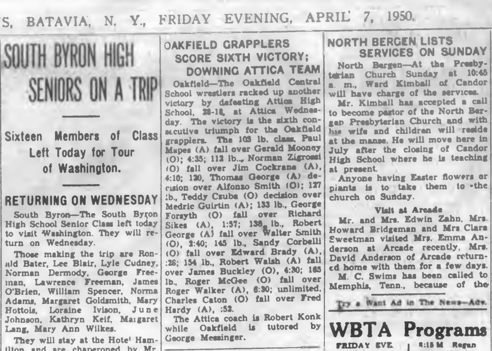 Oakfield Grapplers Score Sixth Victory; Downing Attica Team