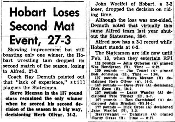 Hobart Loses Second Mat Event, 27-3