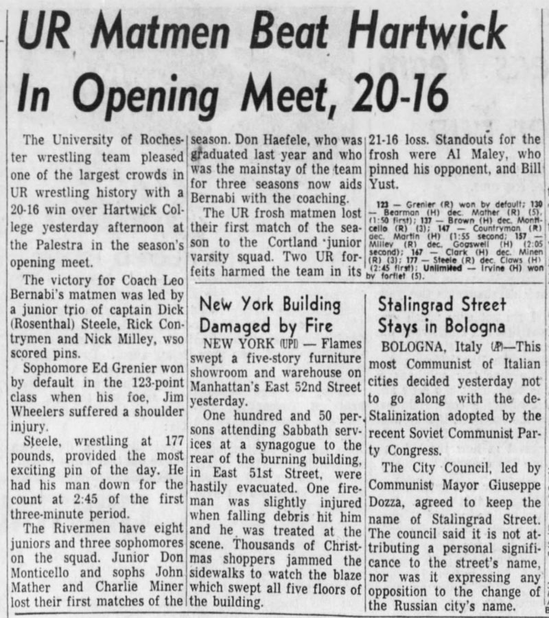 UR Matmen Beat Hartwick In Opening Meet, 20-16