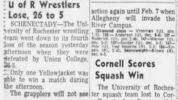 U of R Wrestlers Lose, 26 to 5