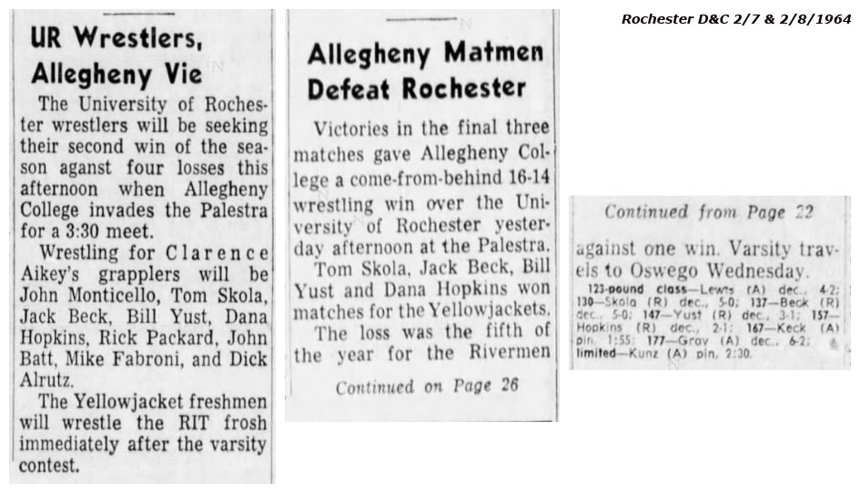 Allegheny Matmen Defeat Rochester