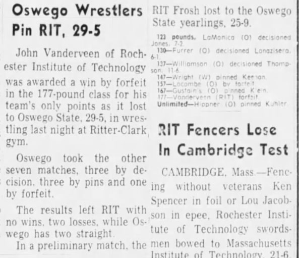 Oswego Wrestlers Pin RIT, 29-5