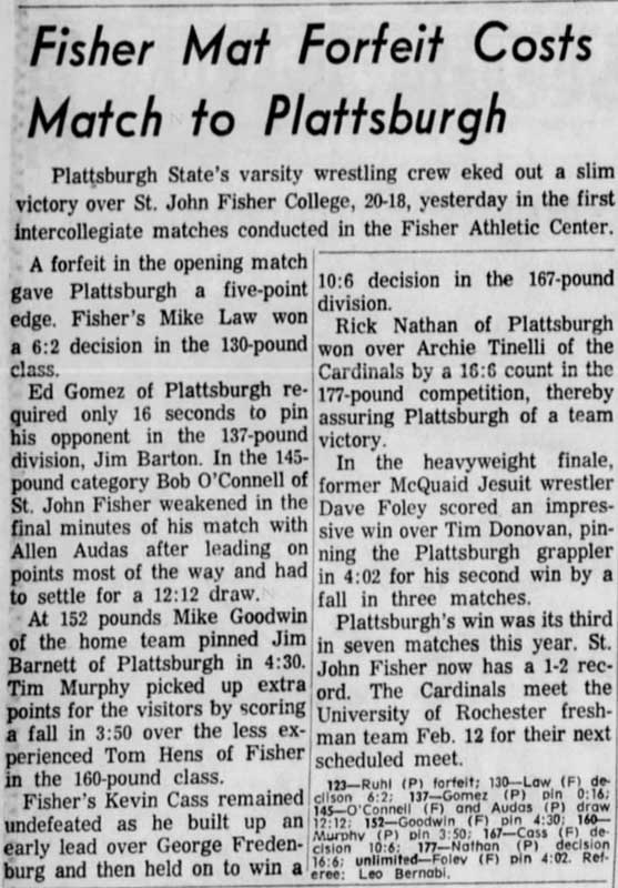 Fisher Mat Forfeit Costs Match to Plattsburgh