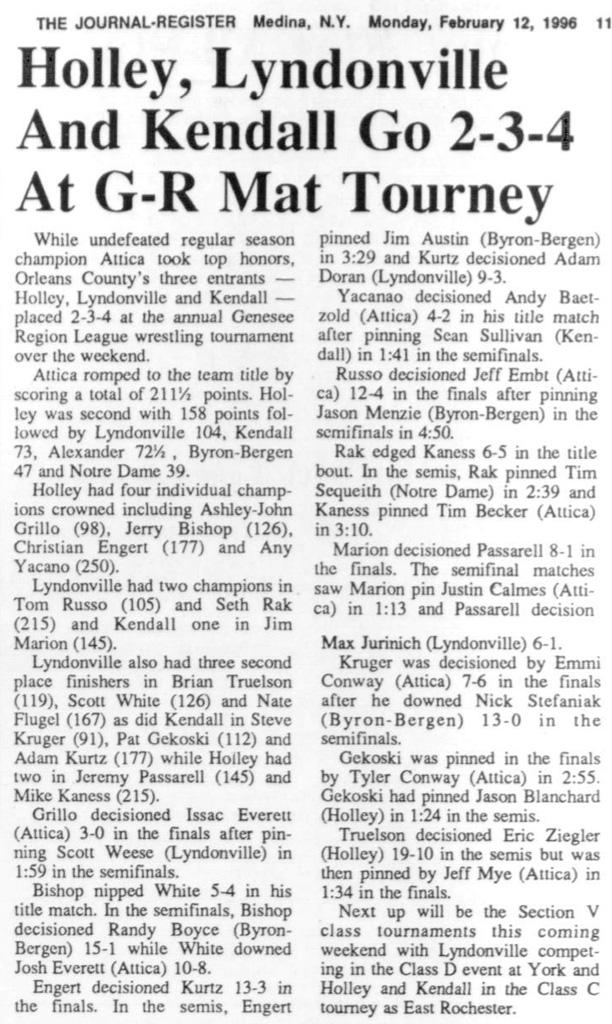 Holley, Lyndonville And Kendall Go 2-3-4 At G-R Mat Tourney