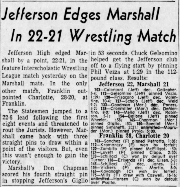 Jefferson Edges Marshall In 22-21 Wrestling Match