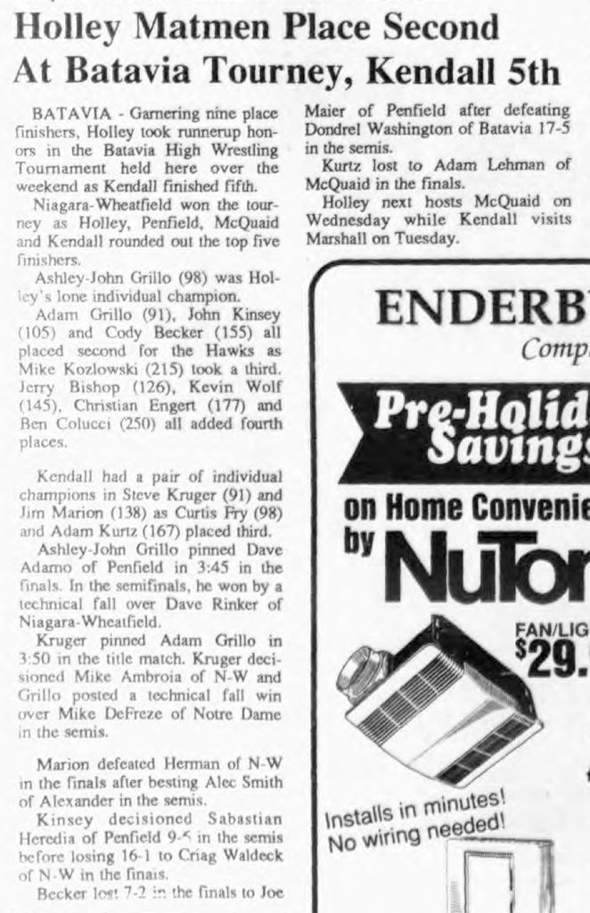 Holley Matmen Place Second at Batavia Tourney, Kendall 5th